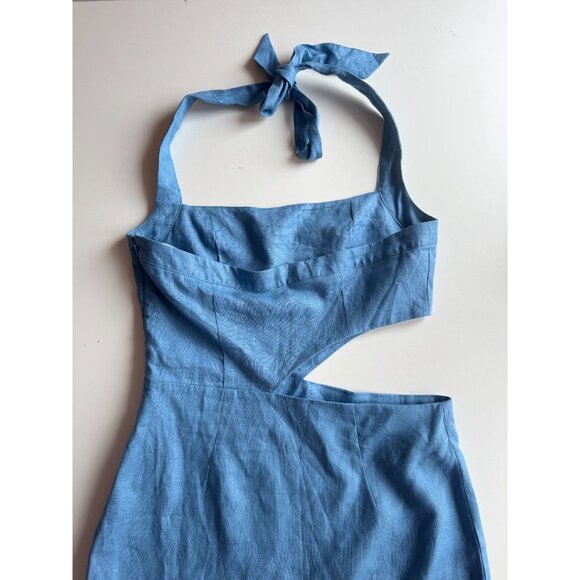 REFORMATION Valli Parisian Blue Linen Cut Out Mini Halter Dress, Size 8 - Picture 9 of 13
